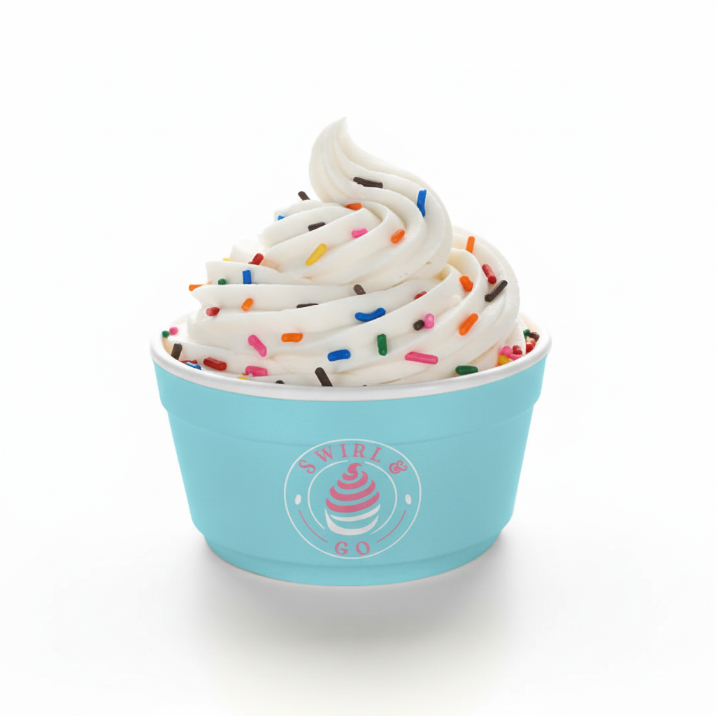Swirl & Go soft serve in a cup with sprinkles